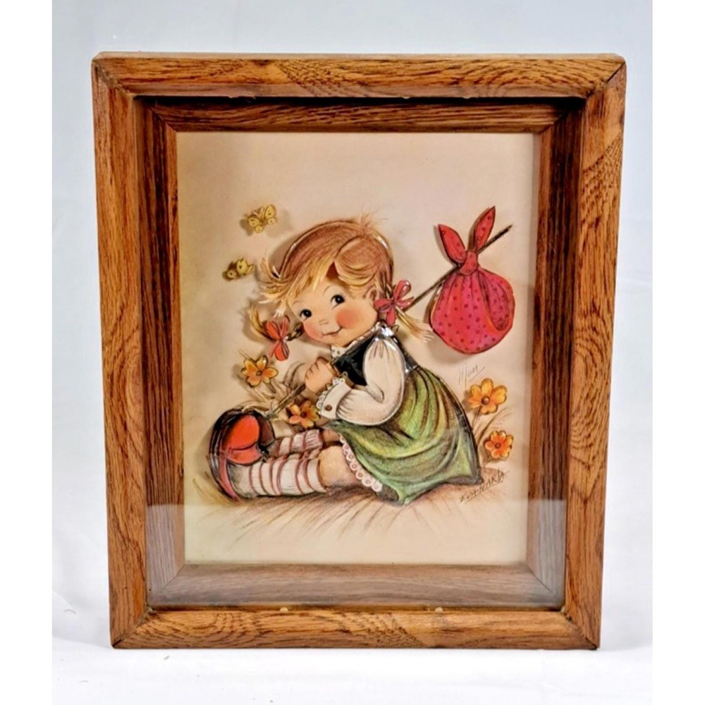 VTG Eva Harta 3D Paper Tole Art Shadowbox‎ Oak Frame Girl with Bindle Folk Art